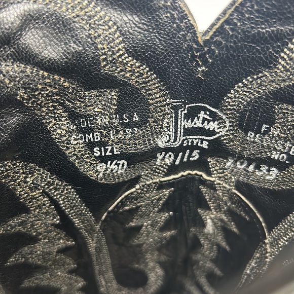 JUSTIN BOOTS MENS SIZE 9.5 ANIMAL SKIN LEATHER COWBOY BLACK BOOT MADE IN USA - Picture 11 of 12